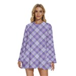 Purple Plaid Tartan 2 Diagonal Round Neck Long Sleeve Bohemian Style Chiffon Mini Dress