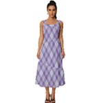 Purple Plaid Tartan 2 Diagonal Square Neckline Tiered Midi Dress