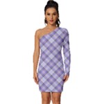 Purple Plaid Tartan 2 Diagonal Long Sleeve One Shoulder Mini Dress