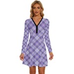 Purple Plaid Tartan 2 Diagonal Long Sleeve Deep V Mini Dress 