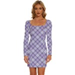 Purple Plaid Tartan 2 Diagonal Long Sleeve Square Neck Bodycon Velvet Dress