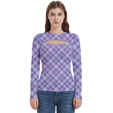 Purple Plaid Tartan 2 Diagonal Women s Cut Out Long Sleeve T