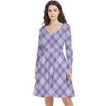 Purple Plaid Tartan 2 Diagonal Long Sleeve V-neck skater dress with Pockets