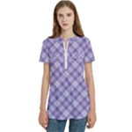 Purple Plaid Tartan 2 Diagonal Women s Zip Front V-Neck Short Sleeve Casual Top Pocket Shirt