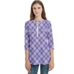 Purple Plaid Tartan 2 Diagonal Women s Zip Front V-Neck 3/4 Sleeve Casual Top Pocket Shirt