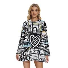 Round Neck Long Sleeve Bohemian Style Chiffon Mini Dress 