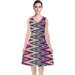 Pattern Zigzag Stripe Design V-Neck Midi Sleeveless Dress 