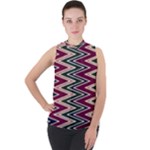 Pattern Zigzag Stripe Design Mock Neck Chiffon Sleeveless Top