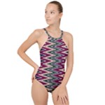 Pattern Zigzag Stripe Design High Neck One Piece Swimsuit