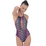 Pattern Zigzag Stripe Design Plunge Cut Halter Swimsuit