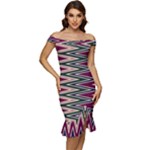 Pattern Zigzag Stripe Design Off Shoulder Ruffle Split Hem Bodycon Dress