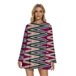 Pattern Zigzag Stripe Design Round Neck Long Sleeve Bohemian Style Chiffon Mini Dress