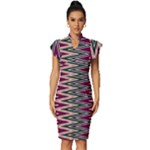 Pattern Zigzag Stripe Design Vintage Frill Sleeve V-Neck Bodycon Dress