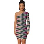 Pattern Zigzag Stripe Design Long Sleeve One Shoulder Mini Dress