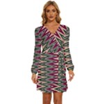 Pattern Zigzag Stripe Design Long Sleeve Waist Tie Ruffle Velvet Dress