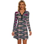 Pattern Zigzag Stripe Design Long Sleeve Deep V Mini Dress 