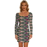 Pattern Zigzag Stripe Design Long Sleeve Square Neck Bodycon Velvet Dress