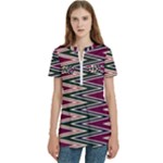 Pattern Zigzag Stripe Design Women s Zip Front V-Neck Short Sleeve Casual Top Pocket Shirt