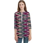 Pattern Zigzag Stripe Design Women s Zip Front V-Neck 3/4 Sleeve Casual Top Pocket Shirt