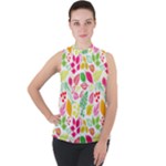 Leaves Pattern Seamless Texture Mock Neck Chiffon Sleeveless Top