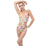 Leaves Pattern Seamless Texture Plunging Cut Out Swimsuit