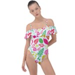 Leaves Pattern Seamless Texture Frill Detail One Piece Swimsuit