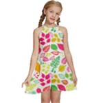 Leaves Pattern Seamless Texture Kids  Halter Collar Waist Tie Chiffon Dress