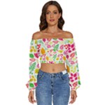 Leaves Pattern Seamless Texture Long Sleeve Crinkled Weave Crop Top