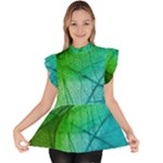 Texture Green Leaf Abstraction 3d Ruffle Collar Short Sleeve Chiffon Top