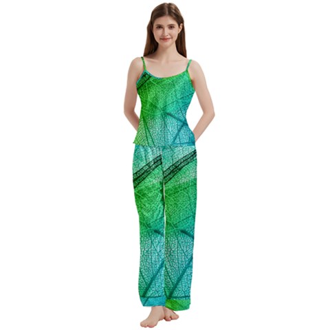 Texture Green Leaf Abstraction 3d Spaghetti Top Long Pants Satin Pajamas Set from ArtsNow.com