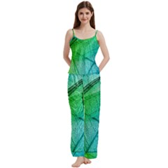 Texture Green Leaf Abstraction 3d Spaghetti Top Long Pants Satin Pajamas Set from ArtsNow.com