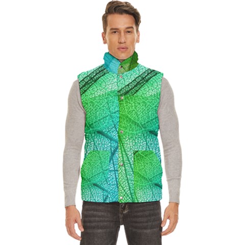 Texture Green Leaf Abstraction 3d Men s High Neck Button Up Puffer Vest from ArtsNow.com