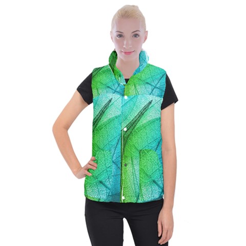 Texture Green Leaf Abstraction 3d Women s Button Up Vest from ArtsNow.com