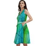 Texture Green Leaf Abstraction 3d Sleeveless V-Neck Skater Dress with Pockets