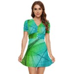 Texture Green Leaf Abstraction 3d V-Neck High Waist Chiffon Mini Dress