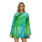 Texture Green Leaf Abstraction 3d Round Neck Long Sleeve Bohemian Style Chiffon Mini Dress