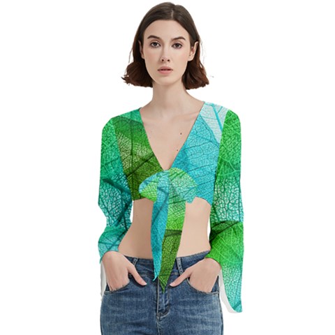 Texture Green Leaf Abstraction 3d Trumpet Sleeve Cropped Top from ArtsNow.com