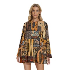 Round Neck Long Sleeve Bohemian Style Chiffon Mini Dress 