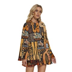 Round Neck Long Sleeve Bohemian Style Chiffon Mini Dress 