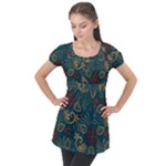 Flowers Floral Retro Flower Texture Puff Sleeve Tunic Top