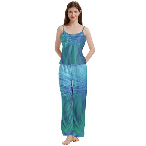 Psicodelia Zyguratti Texture Cyanturquoise Spaghetti Top Long Pants Satin Pajamas Set from ArtsNow.com