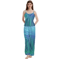 Psicodelia Zyguratti Texture Cyanturquoise Spaghetti Top Long Pants Satin Pajamas Set from ArtsNow.com