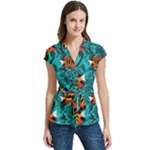 Flame Swirls Women s Cap Sleeve Mandarin Collar Waist Tie Blouse