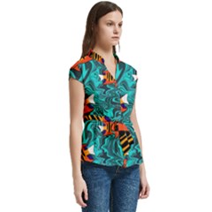 Women s Cap Sleeve Mandarin Collar Waist Tie Blouse 