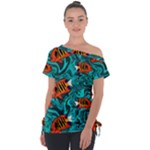 Flame Swirls Off Shoulder Tie-Up T-Shirt