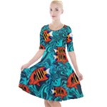 Flame Swirls Quarter Sleeve A-Line Dress With Pockets