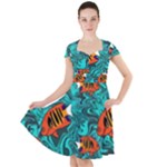 Flame Swirls Cap Sleeve Midi Dress With Pockets