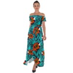 Flame Swirls Off Shoulder Open Front Chiffon Dress