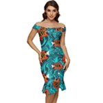 Flame Swirls Off Shoulder Ruffle Split Hem Bodycon Dress