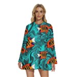 Flame Swirls Round Neck Long Sleeve Bohemian Style Chiffon Mini Dress